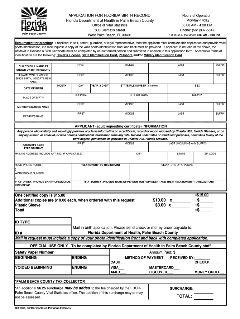 Florida Birth Certificate Application Form PDF