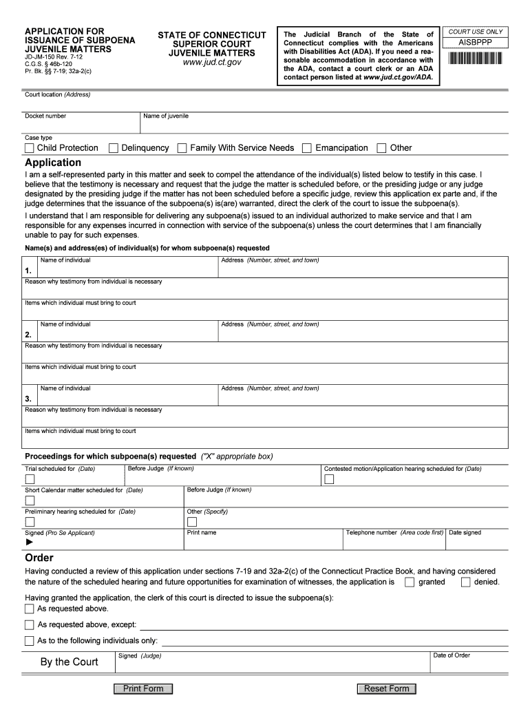  APPLICATION for ISSUANCE of SUBPOENA, JUVENILE Jud Ct 2012