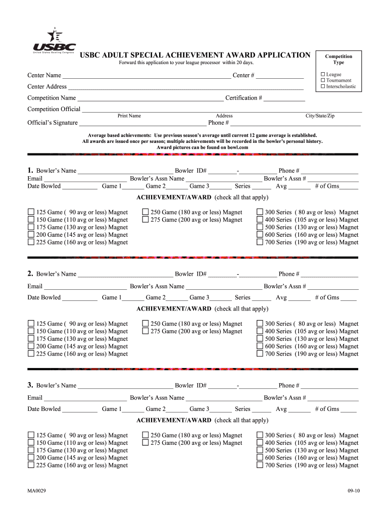  Usbc Adult Special Achievement Award Application Form 2010