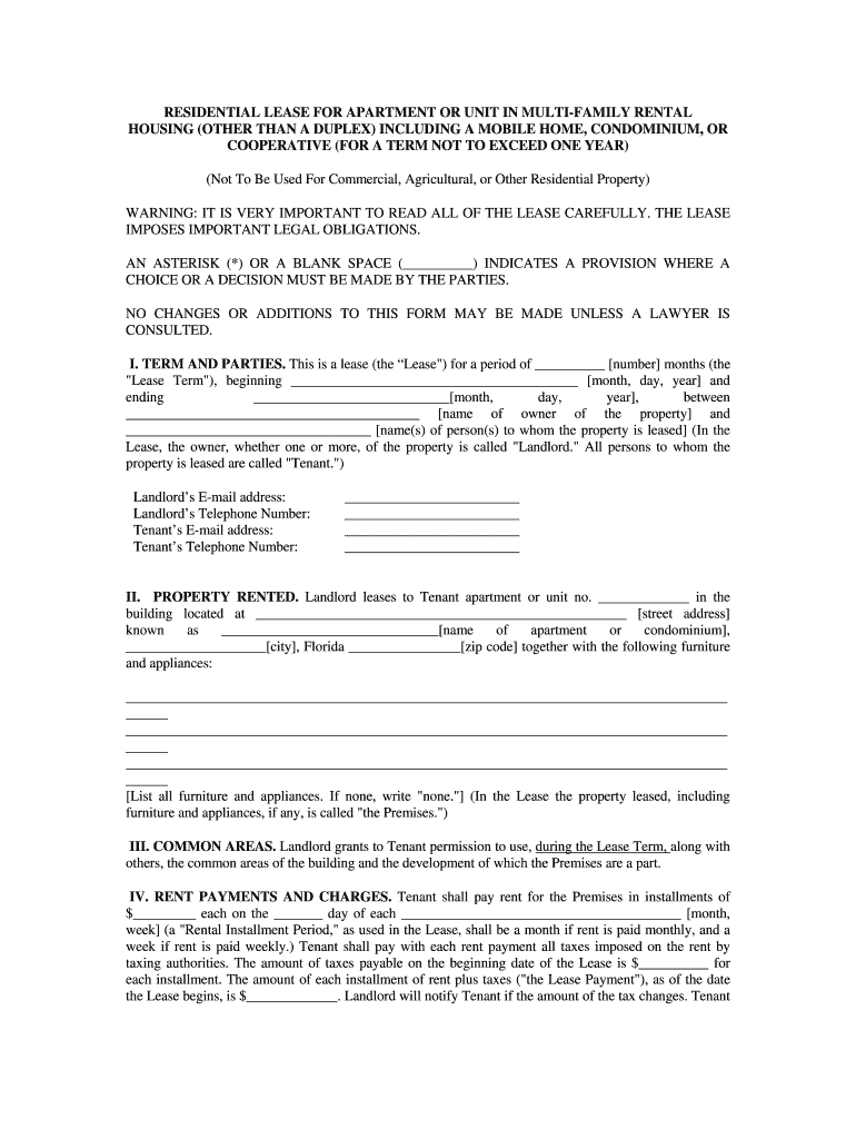 Residential Lease for Apartment or Unit in Multi Family Rental  Form