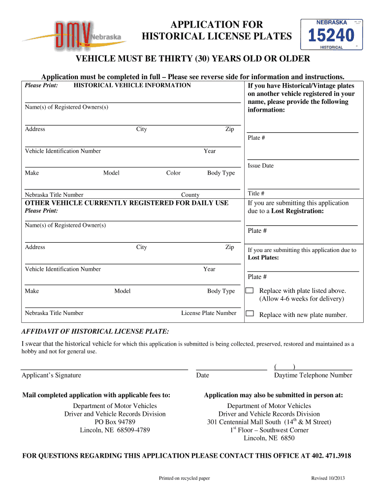 Application for Historical License Plates  DMV  State of Nebraska  Dmv Ne  Form