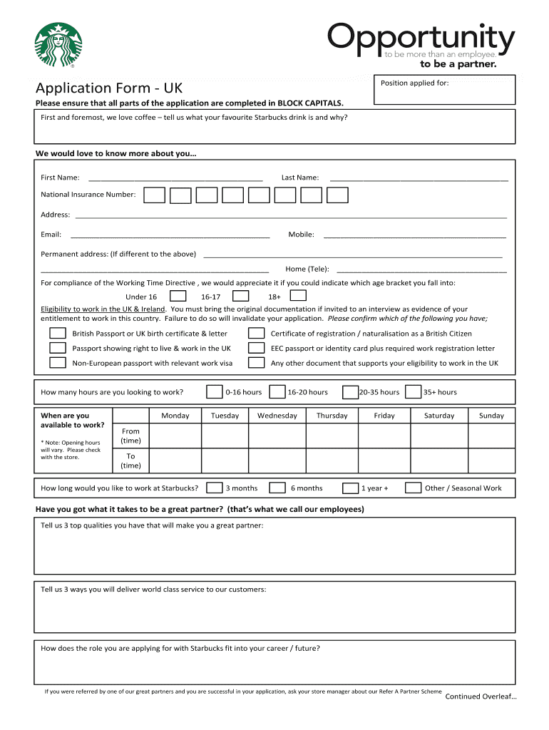 Starbucks Application Form