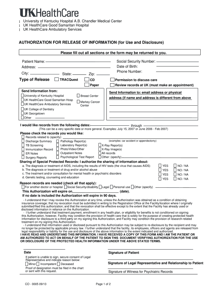 AUTHORIZATION for RELEASE of INFORMATION for Use and    Ukhealthcare Uky