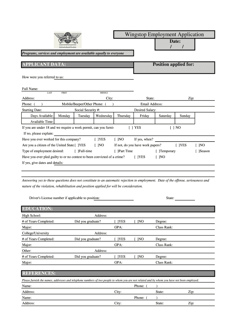 Wingstop Application  Form