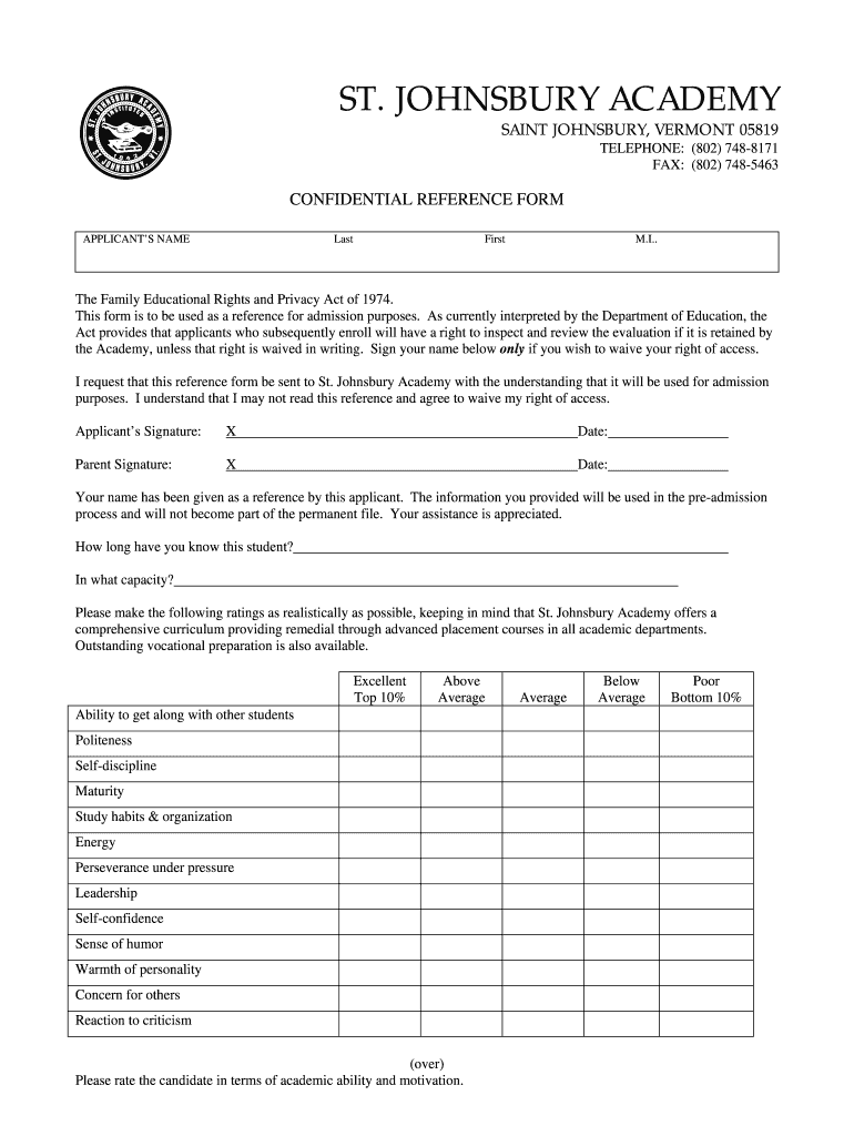 Personal Reference Form  St Johnsbury Academy  Stjacademy