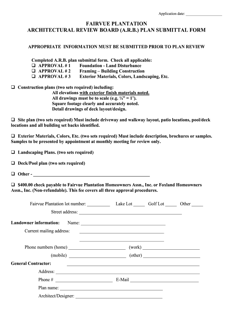  Fairvue Plantation Architectural Review Board Arb Plan Submittal Form 2006-2024