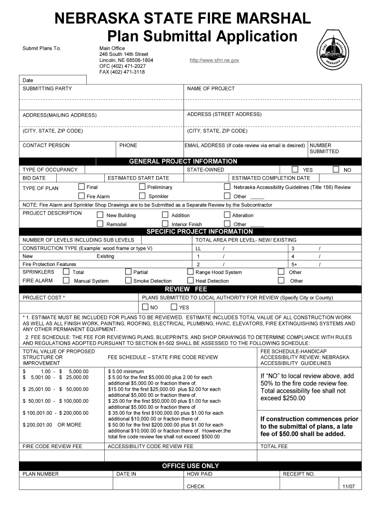  NEBRASKA STATE FIRE MARSHAL Plan Submittal Application  Sfm Ne 2007