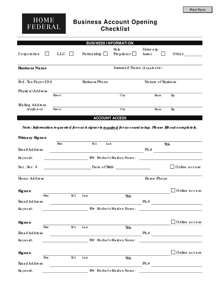 Account Opening Checklist Form