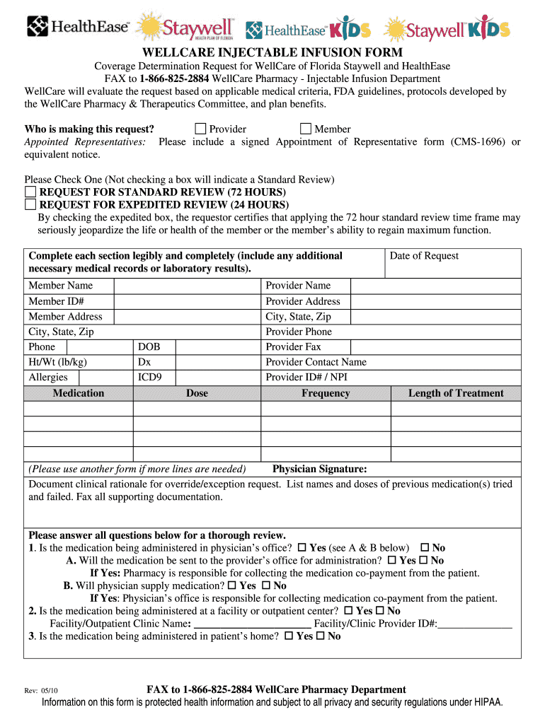  Wellcare Injectable Infusion Form 2010-2024