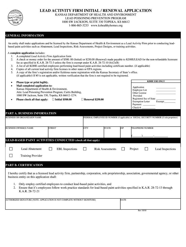 LEAD ACTIVITY FIRM INITIAL RENEWAL APPLICATION  Kshealthyhomes  Form