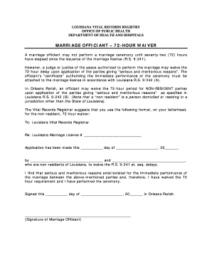 Marriage Officiant 72 Hour Waiver Department of Health &amp; Hospitals New Dhh Louisiana  Form