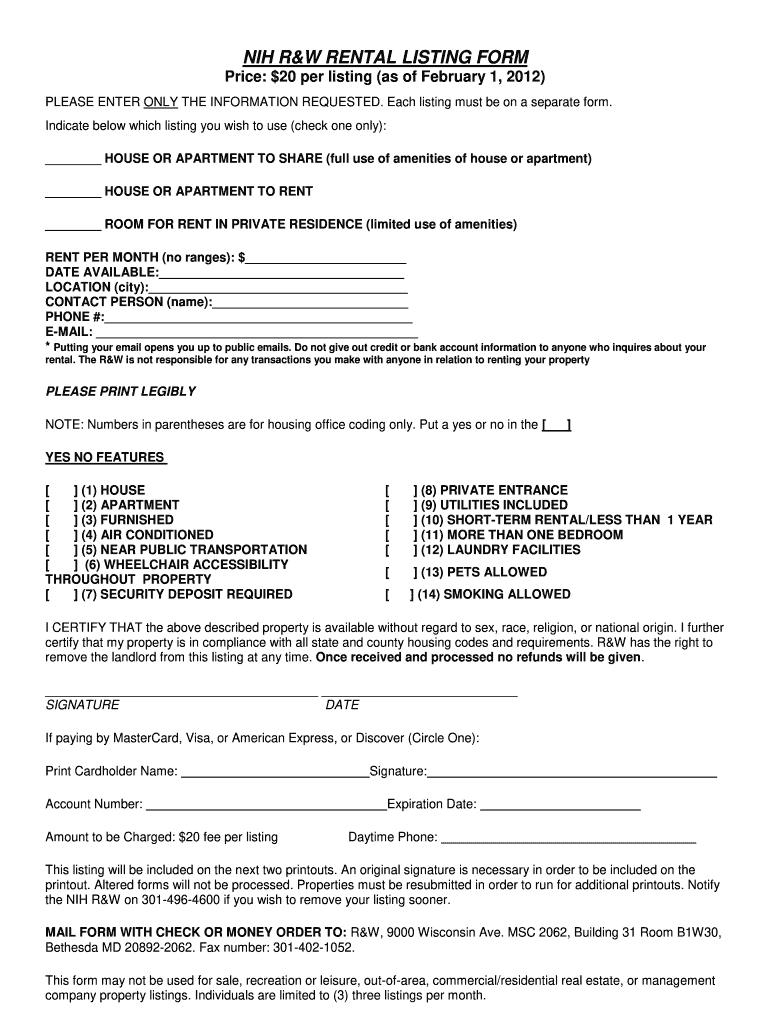  Nih Rental Listing Form 2012-2024