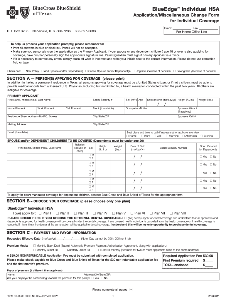  Blue Edge Individual Hsa Applicationmiscellaneou Change Form 2011-2024