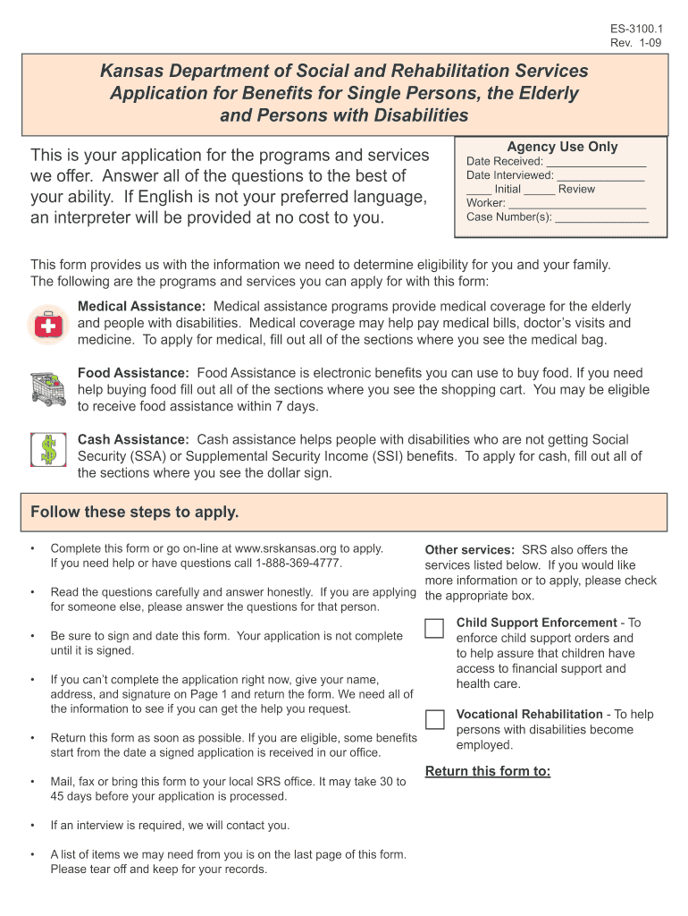  Kansas Department of Social and Rehabilitation Services Application for Benefits for Single Persons the Elderly  Form 2009