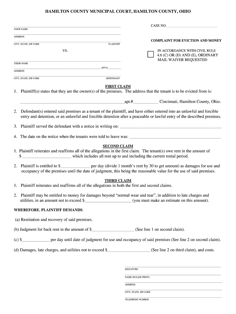 Get and Sign Hamilton County Ohio Eviction Process  Form