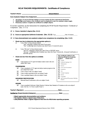 HOUSSE NCLB Teacher Requirements Certificate of Compliance Acoe  Form