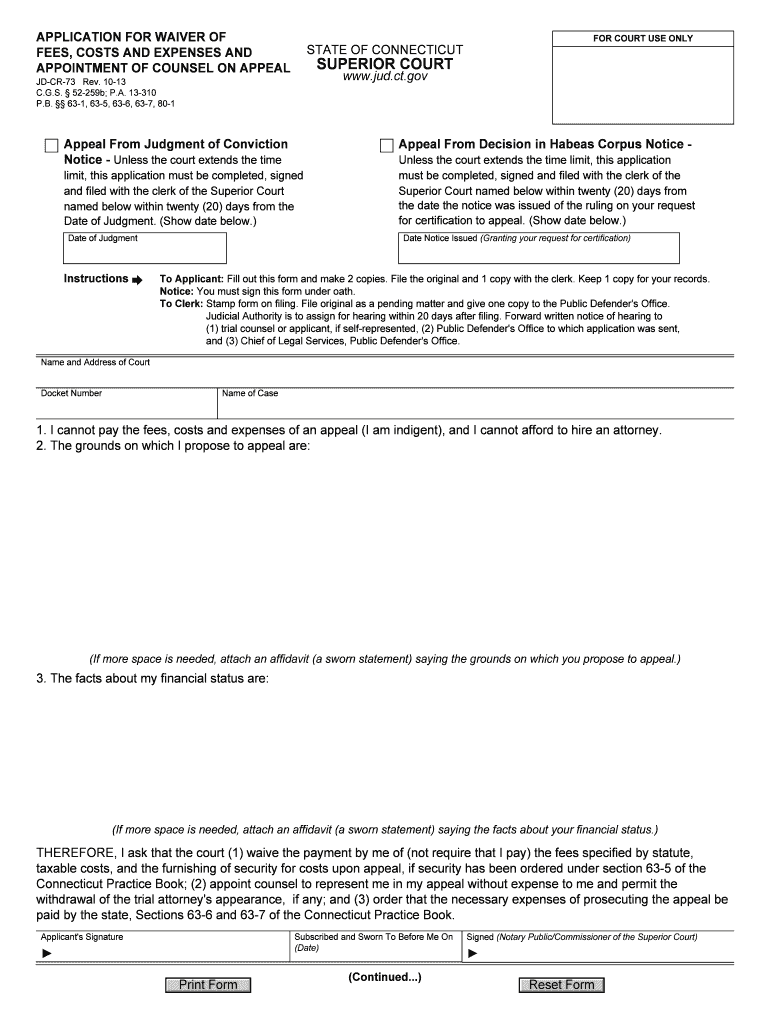  APPLICATION for WAIVER of FEES, COSTS and EXPENSES    Jud Ct 2013