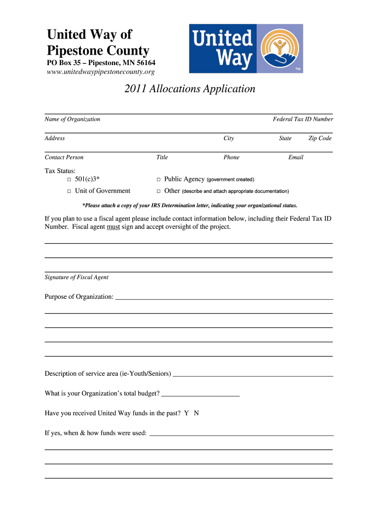 Allocation Application PDF  United Way of Pipestone County  Unitedwaypipestonecounty  Form