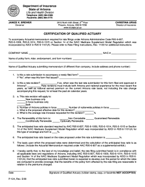 Certification of Qualified Actuary Arizona Department of Insurance Azinsurance  Form