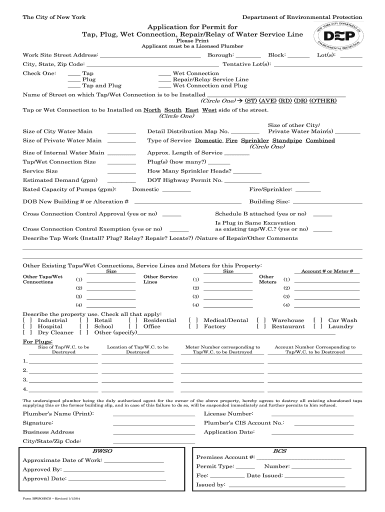  Application for Permit for Tap, Plug, Wet Connection, RepairRelay Nycppf 2004-2024