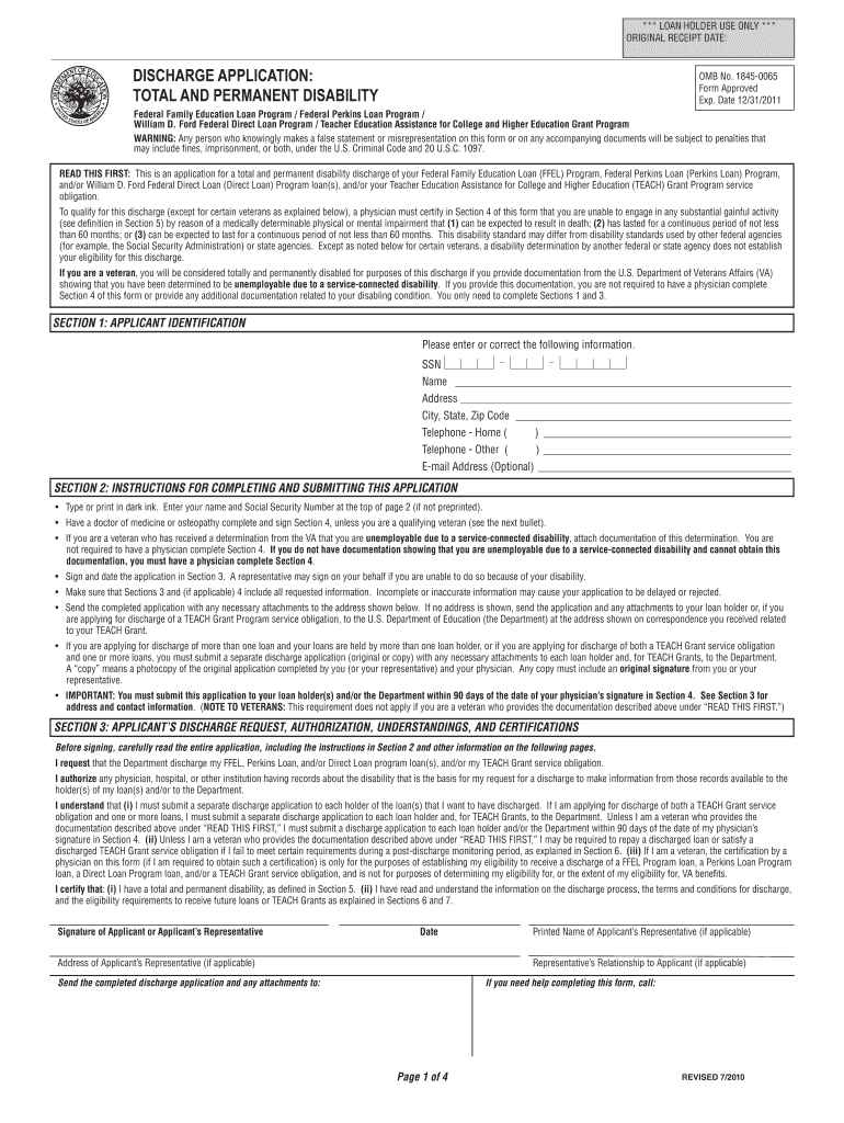 DISCHARGE APPLICATION TOTAL and PERMANENT DISABILITY  Ifap Ed  Form