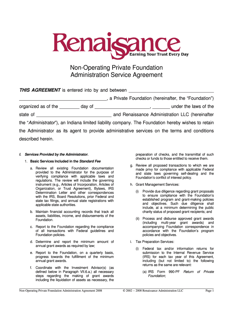 Non Operating Private Foundation Administration Service Agreement  Form