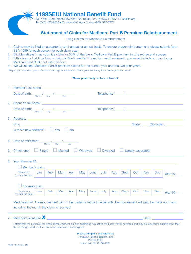  1199 Medicare Part B Reimbursement Form 2013-2024
