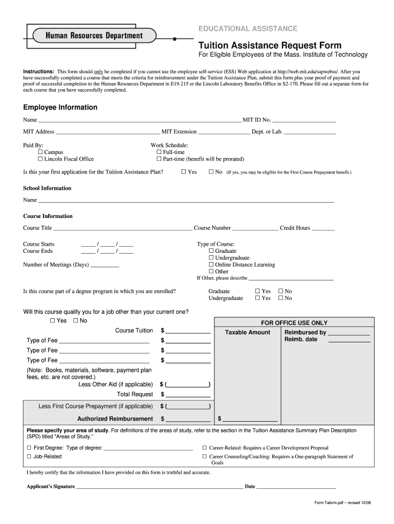 Tuition Assistance Request Form  Human Resources at MIT  Hrweb Mit