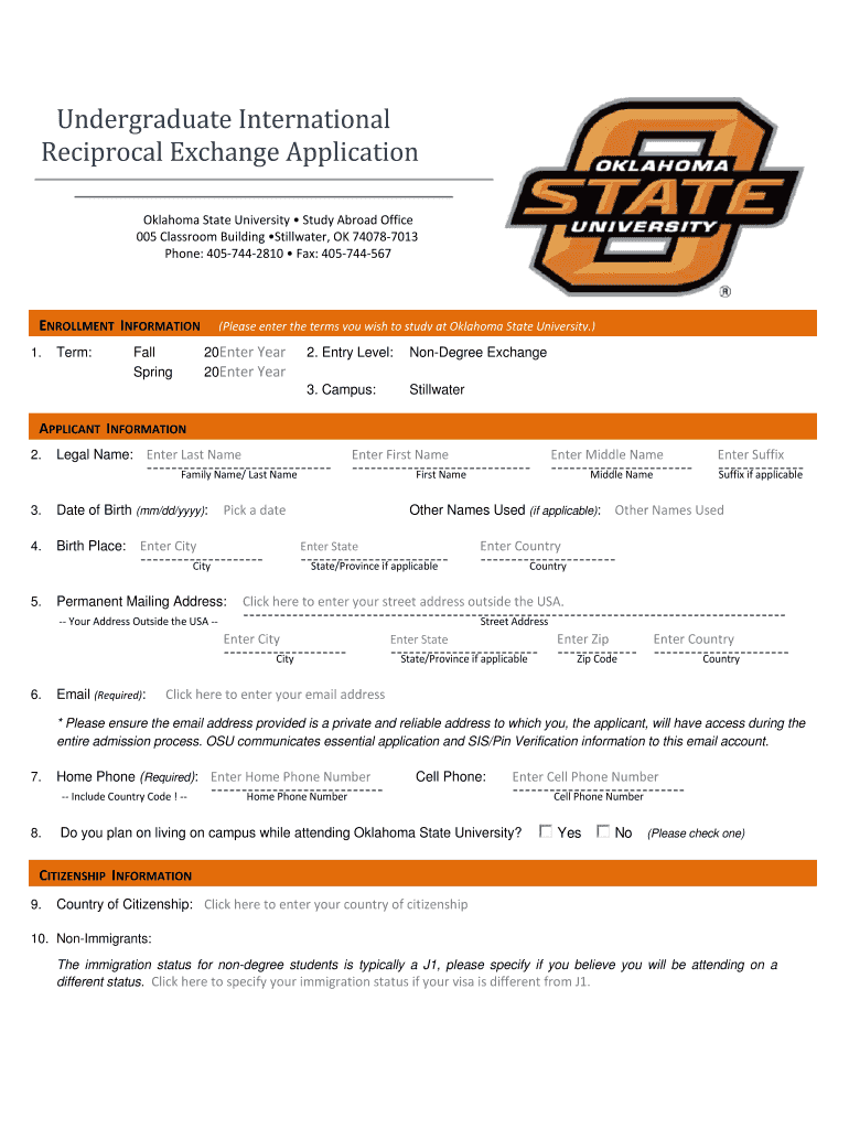 Undergraduate International Reciprocal Exchange Application Ieo Okstate  Form