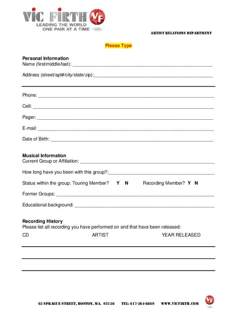 Vic Firth Endorsement  Form