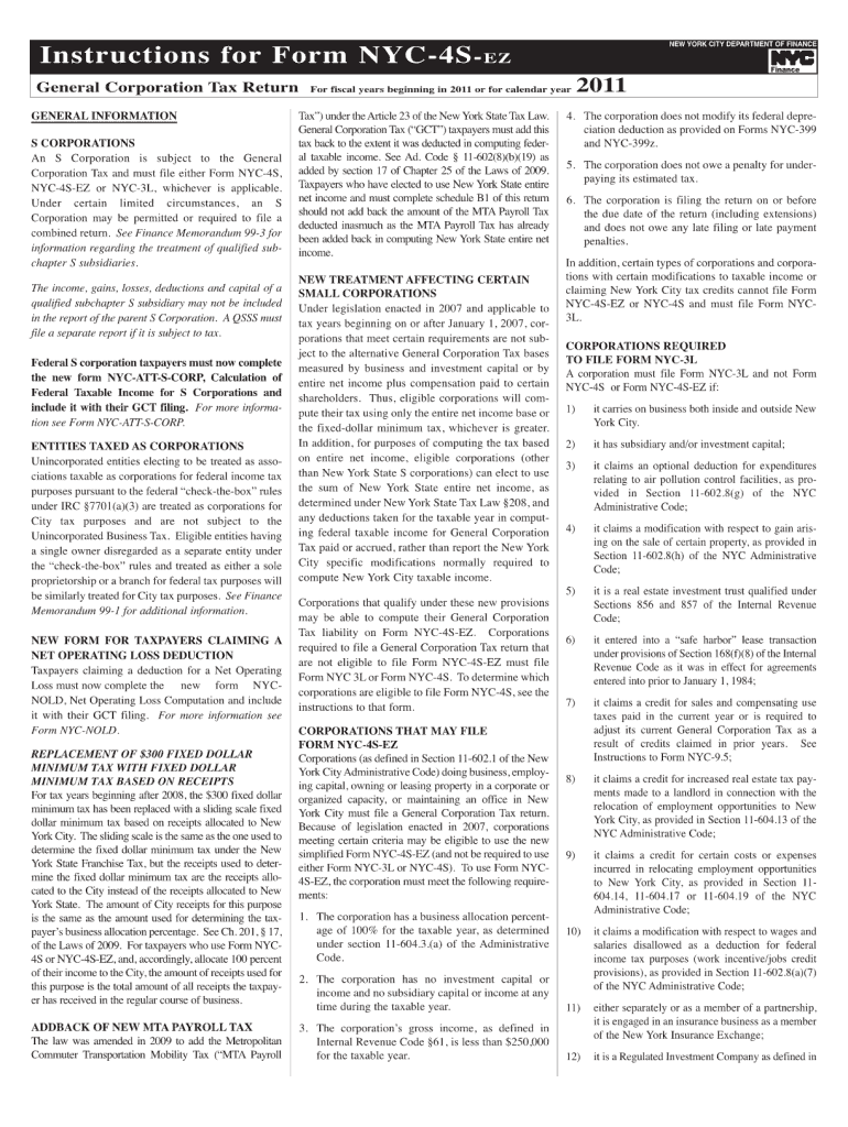 Nyc 4sez General Corporation Tax Return Form