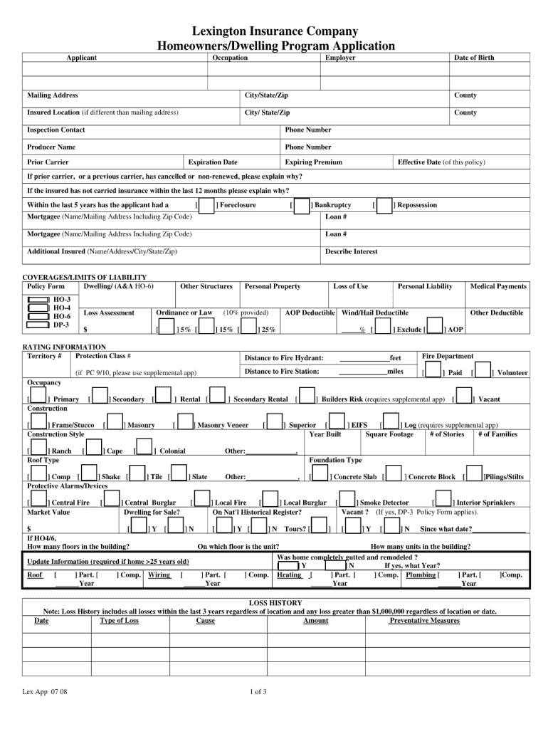 Lexington Insurance Company Homeownersdwelling Program Application Form