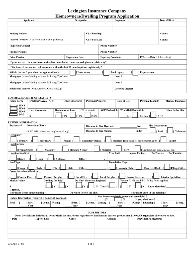  Lexington Insurance Company Homeownersdwelling Program Application Form 2008-2024