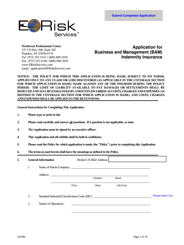 Get and Sign Applicaton for Business and Management Bam Indemnity Insurance 2009-2022 Form