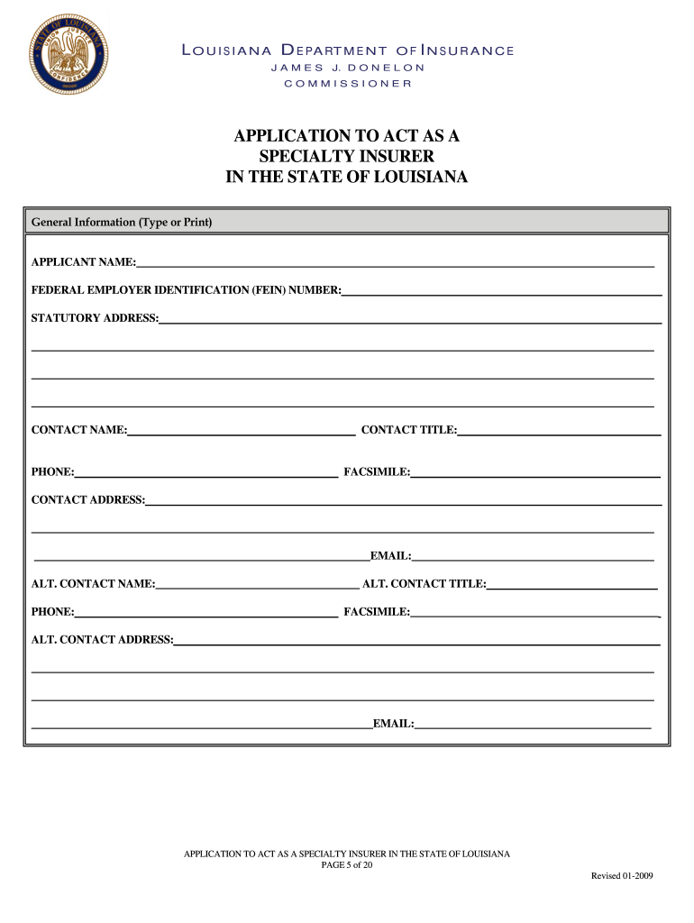  Louisiana Department of Insurance Application Form Speciality Insurer 2009-2024