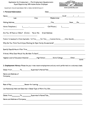 Ryan Family Amusements Employment Application Form