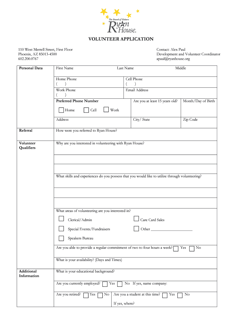 VOLUNTEER APPLICATION  Ryan House  Ryanhouse  Form