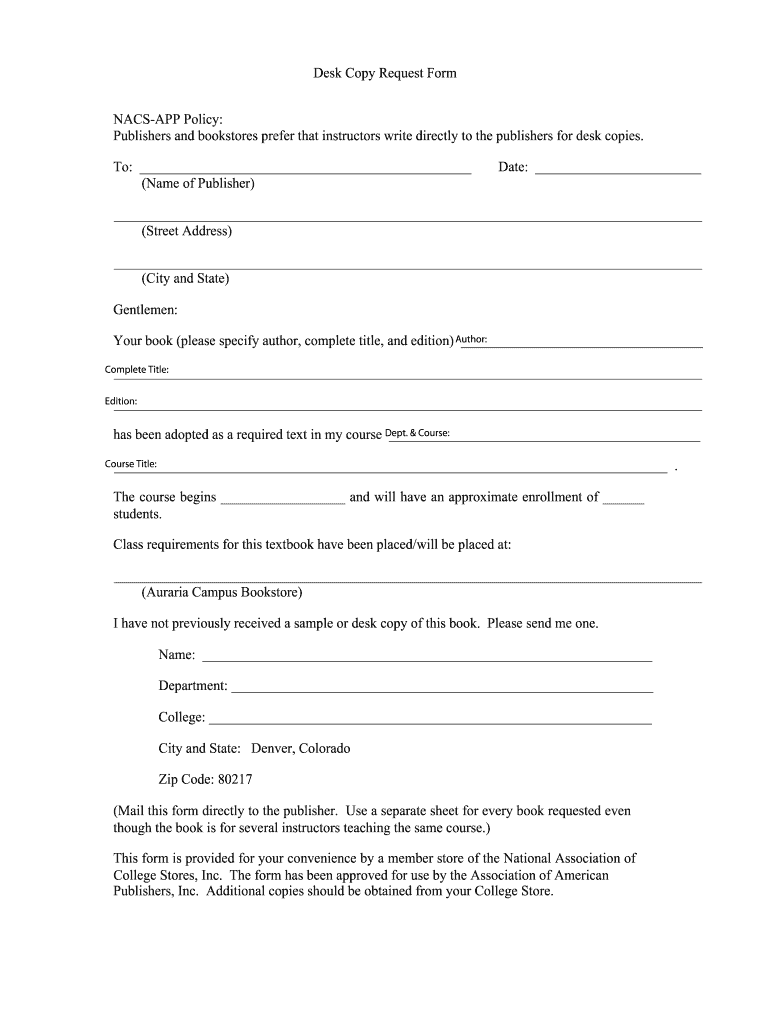 Nacs Desk Copy Request Form