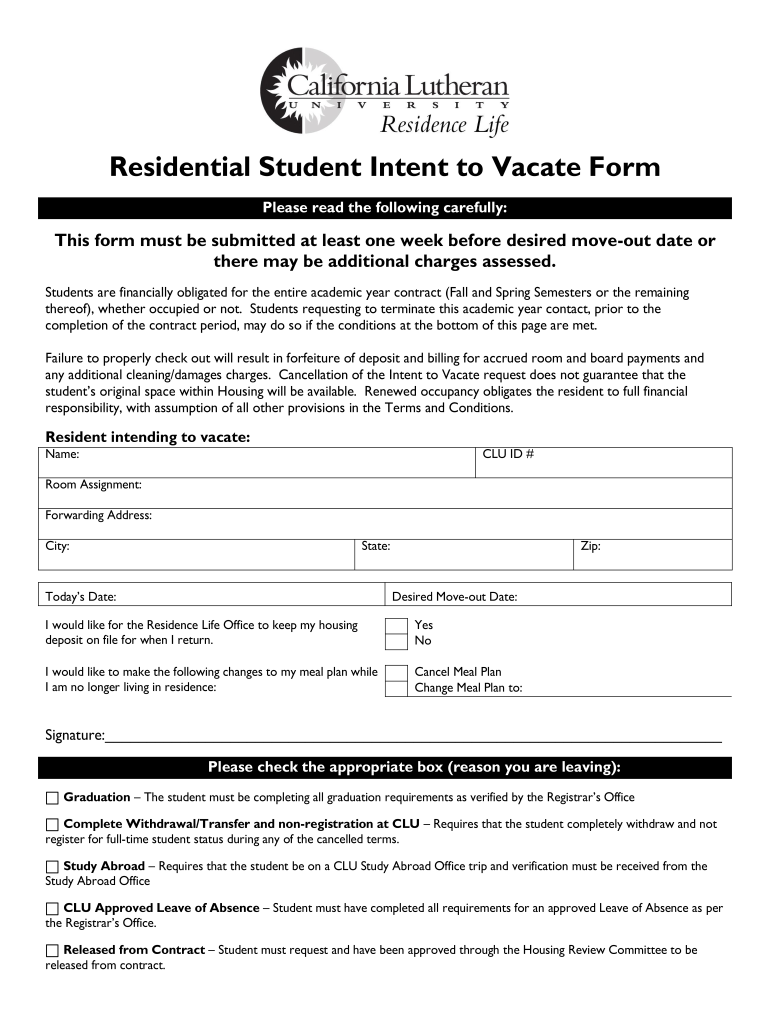 Residential Student Intent to Vacate Form  Callutheran