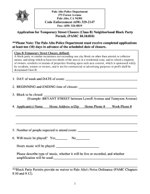 City of Palo Alto Block Party Permit Form