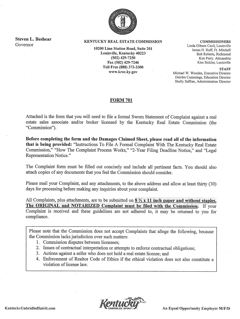 Kentucky Real Estate Commission Complaints  Form