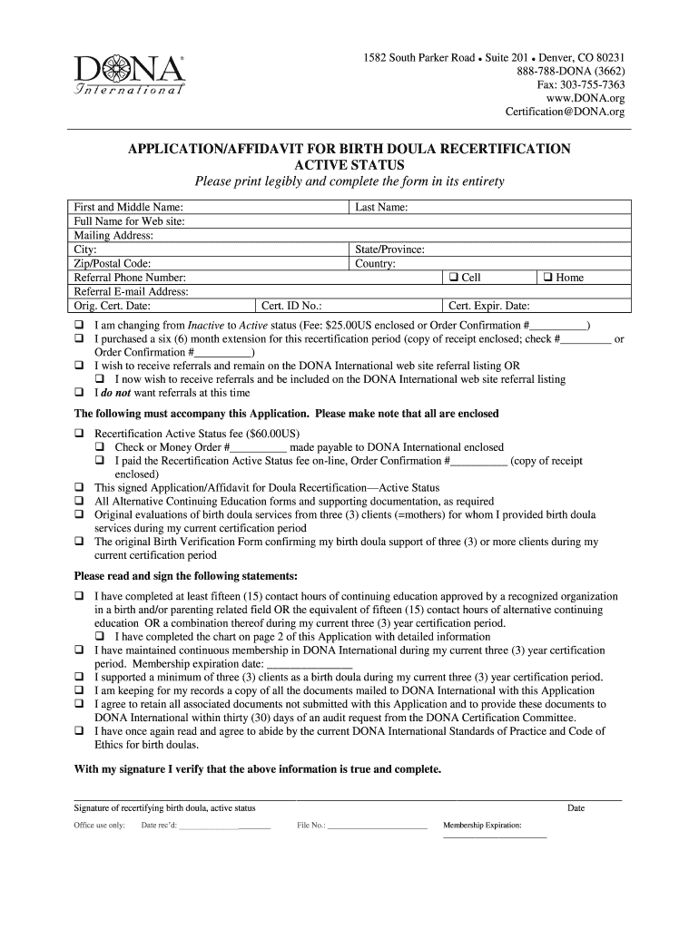 APPLICATIONAFFIDAVIT for BIRTH DOULA RECERTIFICATION    Dona  Form