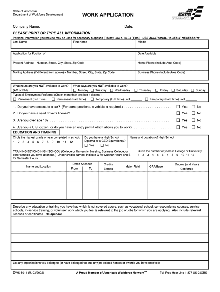 Get and Sign Dws 5011 Wisconsin Form 2002-2022