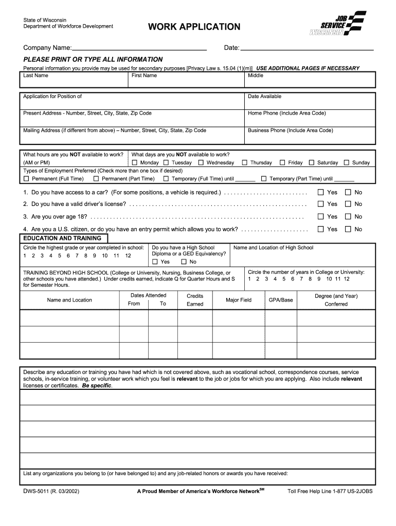  Dws 5011 Wisconsin Form 2002-2024