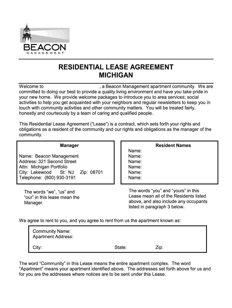 Residential Lease Agreement Michigan Form