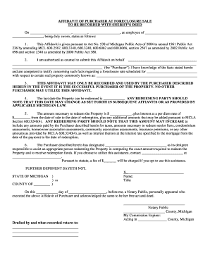 AFFIDAVIT of PURCHASER at FORECLOSURE SALE  Form