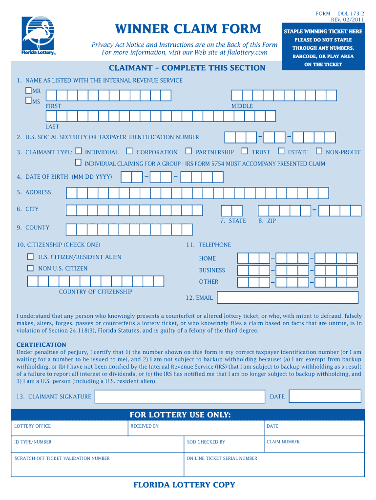  Florida Lottery Claim Form 2011