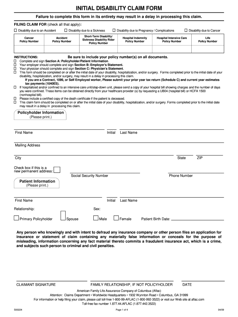 Aflac Initial Disability Claim Form S00224 Fill Out and Sign