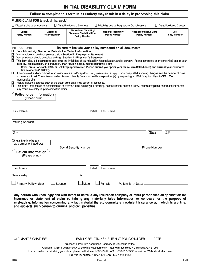  Aflac Initial Disability Claim Form S00224 2009