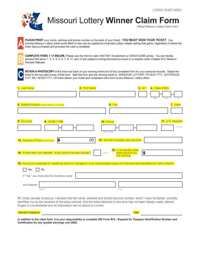 Missouri Lottery Claim Form